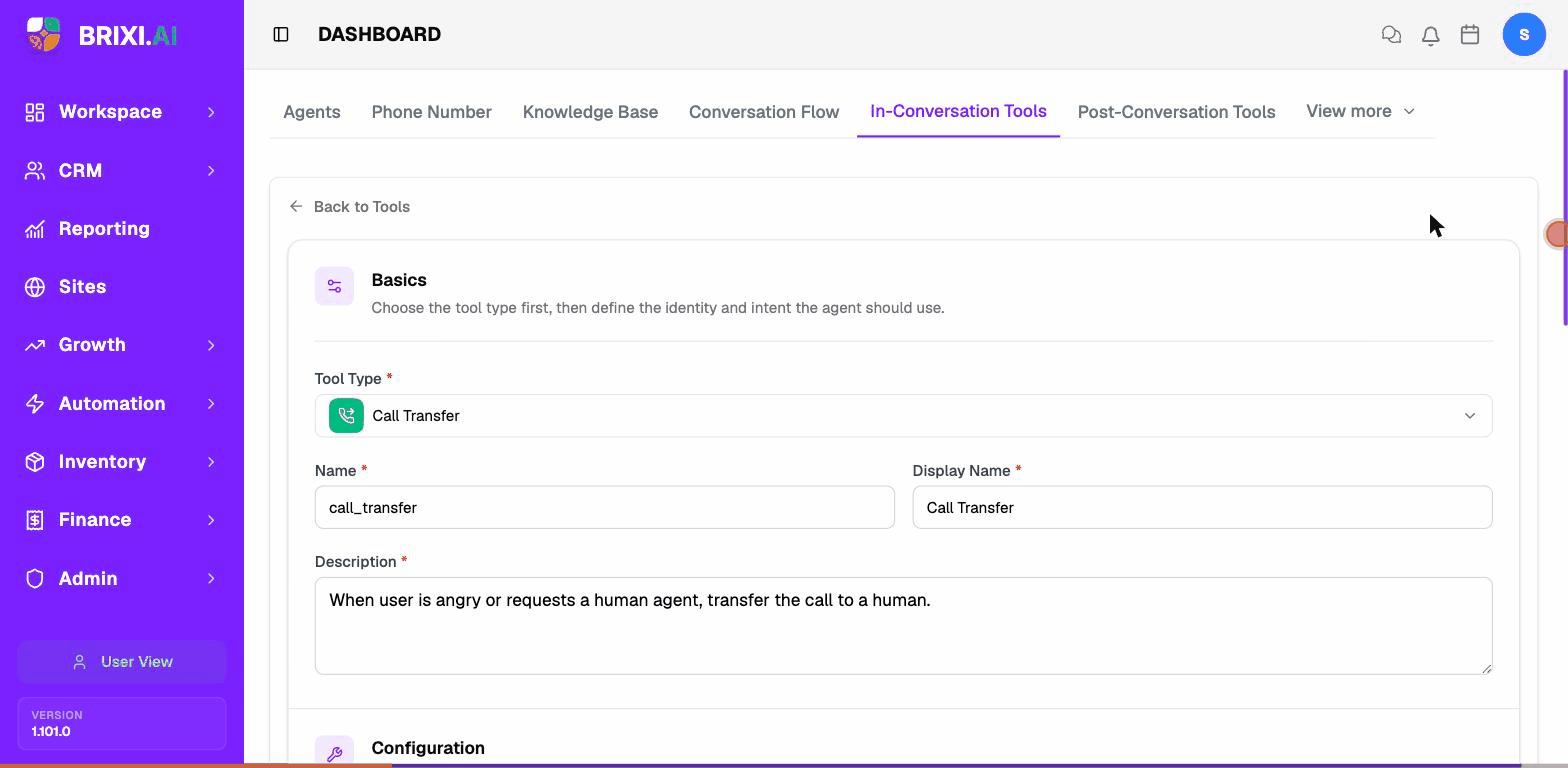 The Tool Type dropdown on the Create Tool form, showing the in-conversation tool types.