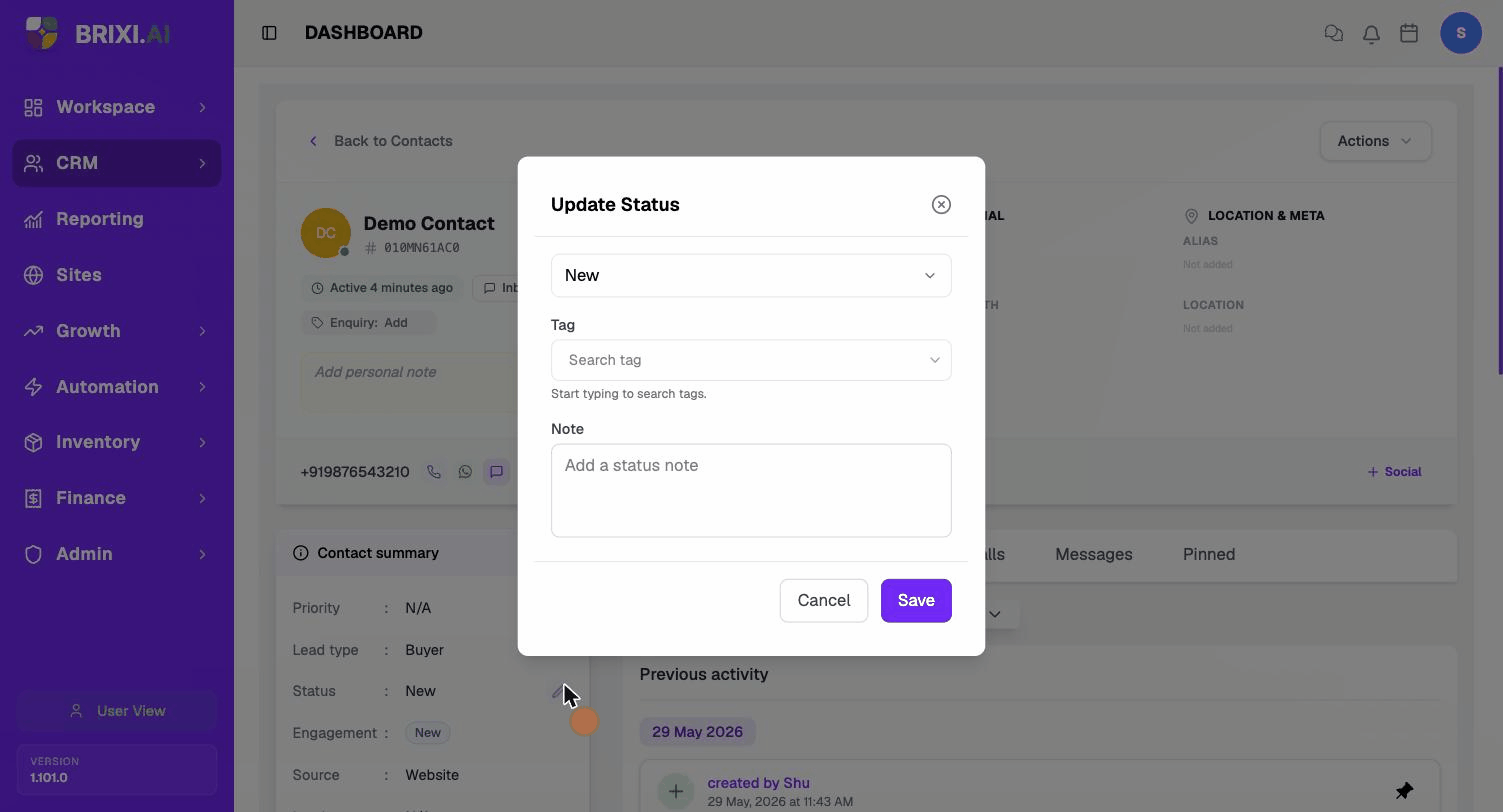 Opening Update Status, choosing a new status, adding a note, and saving
