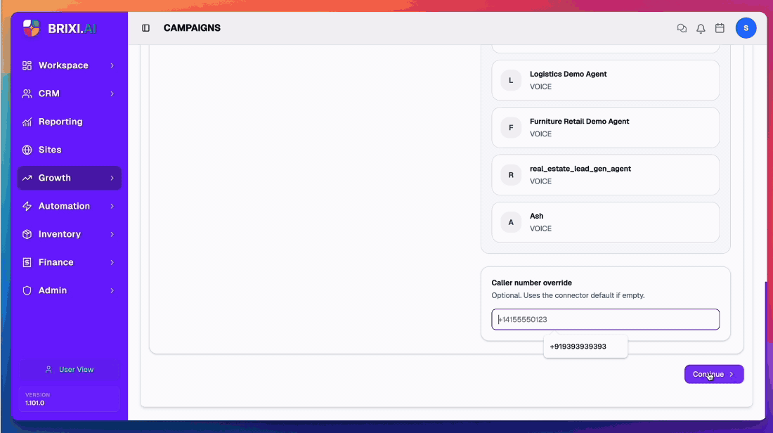 Voice campaign audience: Contact List option (Saved Contact List dropdown showing a previously saved list with its live count), File Upload option with sample CSV format, opening the file picker, then a quick look at the CSV file (PII rows masked).