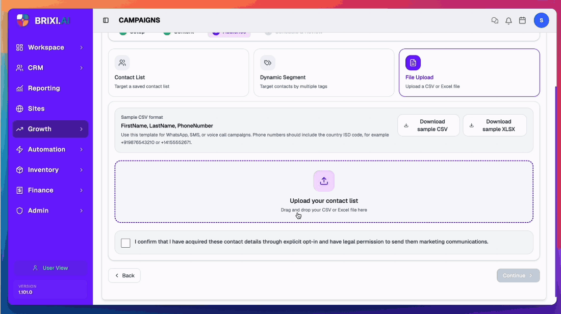 Schedule &amp; Review for a voice campaign: Send mode at the top, then the voice-only Call Schedule (timezone + per-day time slots), Enable Retries with per-condition toggles (Busy / Timeout / No Answer / Voicemail), the Launch Summary with the Delivery Window summary, and Send Campaign.