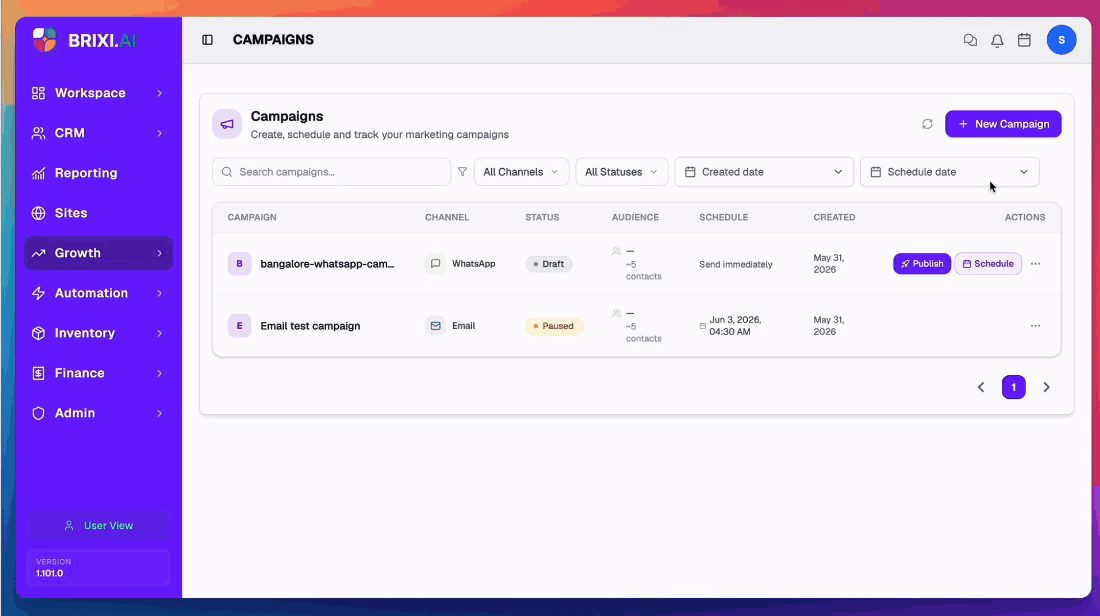 End-to-end Voice Call Setup + Content: open the creator, name the campaign, tick the Voice Call channel, the AI Assistant panel populates with every published voice agent, pick one, then Continue to the Content step which only shows "Voice campaigns use the published agent flow".