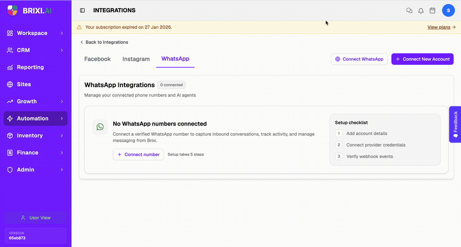 WhatsApp Integrations empty state — click Connect number to begin