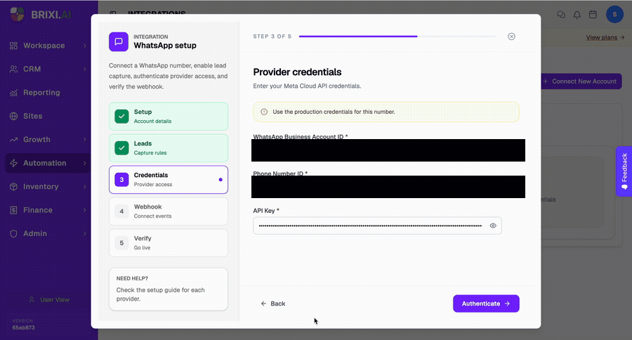 Step 3 of 5 — enter your WhatsApp Business Account ID, Phone Number ID, and API Key
