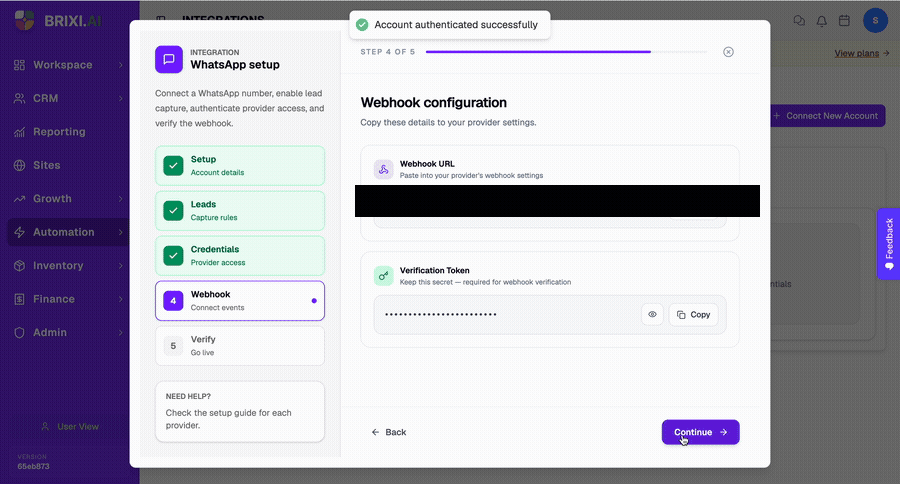 Step 4 of 5 — copy the webhook URL from Brixi and paste it into your Meta App