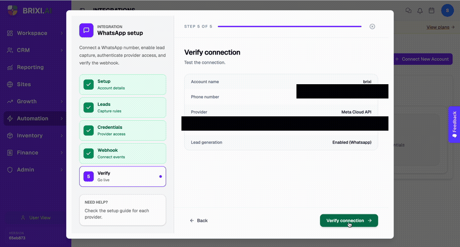Step 5 of 5 — review the connection summary and click Verify connection to go live