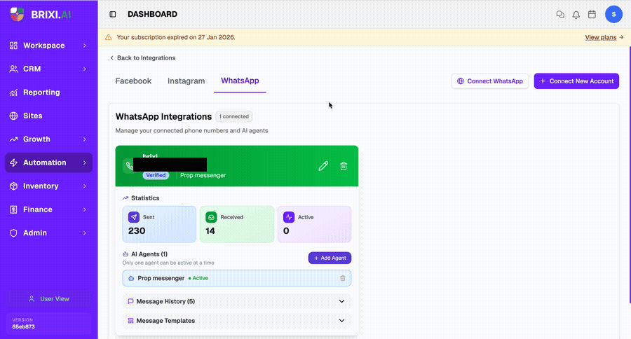 Connected WhatsApp number showing Verified status, statistics, and AI Agents section