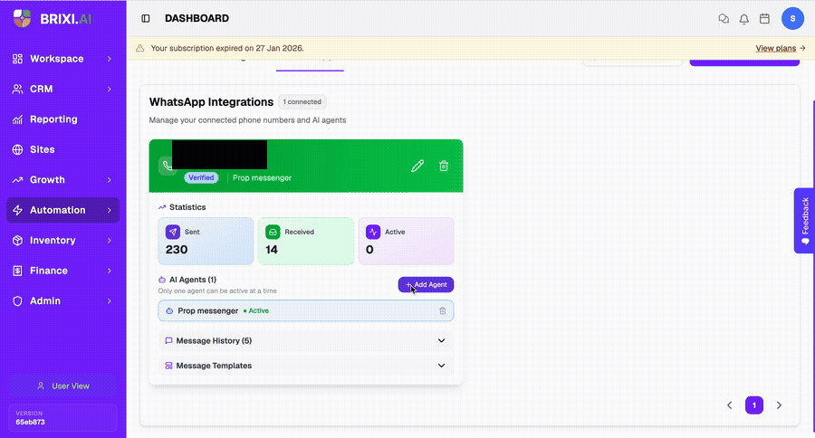 Click Add Agent, select an agent from the list, and confirm to attach it to your WhatsApp number