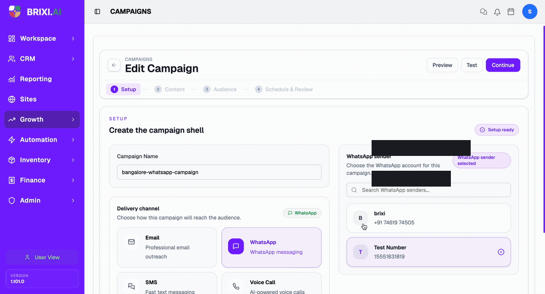 End-to-end WhatsApp campaign creator: Setup with a WhatsApp sender (sender phone numbers masked), Content with template picker + Enriched Experience microsite toggle, Audience via Contact List then File Upload, Schedule &amp; Review Launch Summary, and the campaign saved to the list.